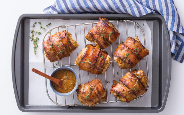 dinners with bacon, Bacon-Wrapped Chicken Thighs with Peri Peri Sauce