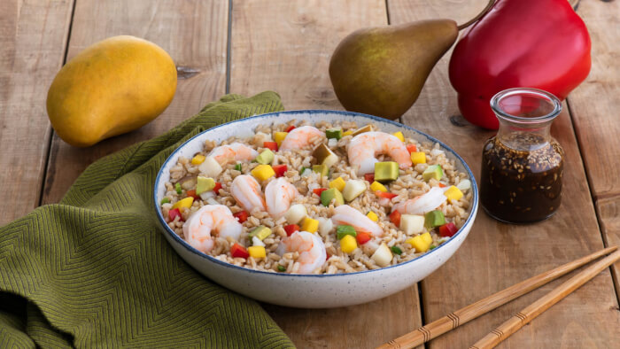 Brown rice with shrimp, and vegetables