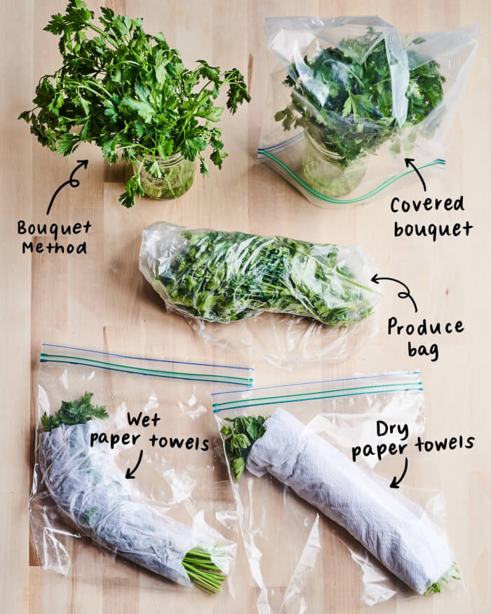 Greens and herbs kept in a damp paper towel