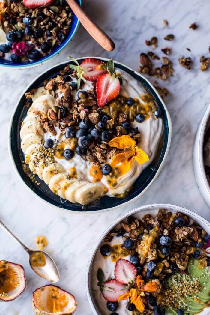 Breakfast bowl with greek yogurt, granola, and blueberries