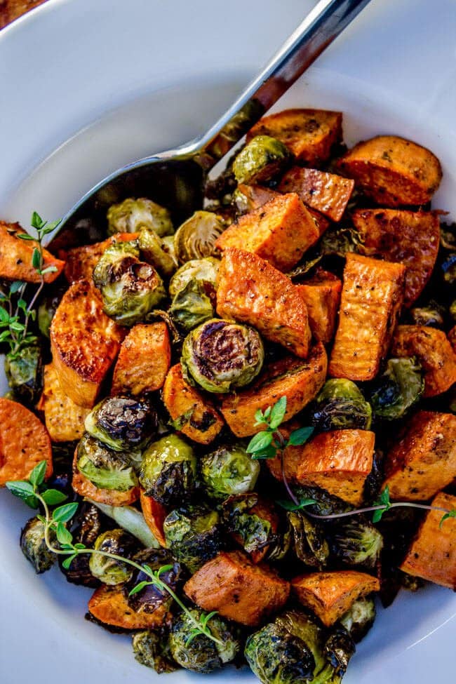 15. Roasted Sweet Potatoes and Brussels Sprouts