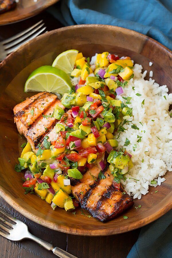 4. Grilled Lime Salmon with Mango-Avocado Salsa and Coconut Rice