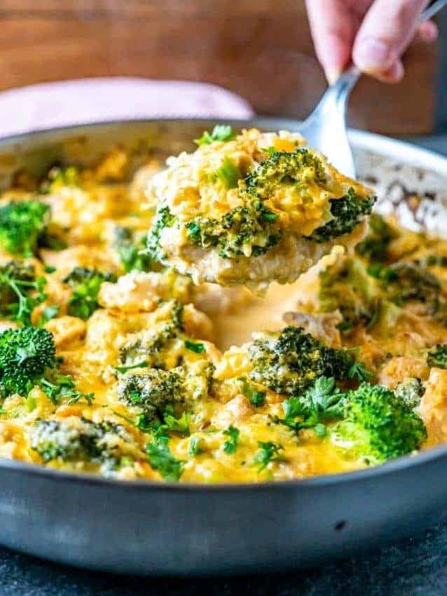 One Pan Cheesy Cauliflower Rice with Broccoli and Chicken 