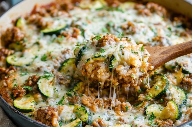 Hearty Cheesy Sausage Zucchini Rice Casserole